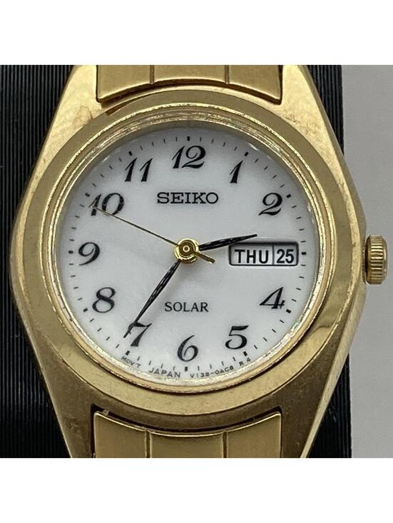 Women’s Seiko Solar Dress 25mm Watch Gold Tone White Dial Day Date V138-0AA0 main image 8